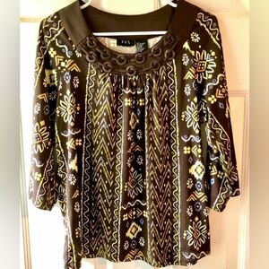 RQT Brown Yellow Boho Floral Coconut Shell Ring Chain Detail Knit Top Size Large